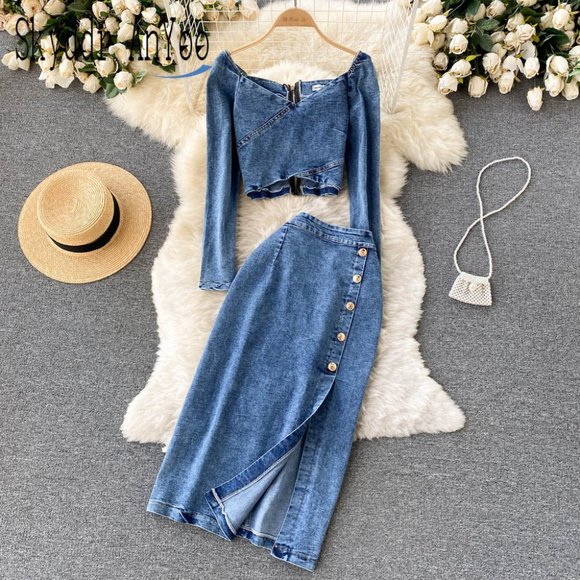 Denim Long Sleeve Top And High Waist Split Skirt Sets